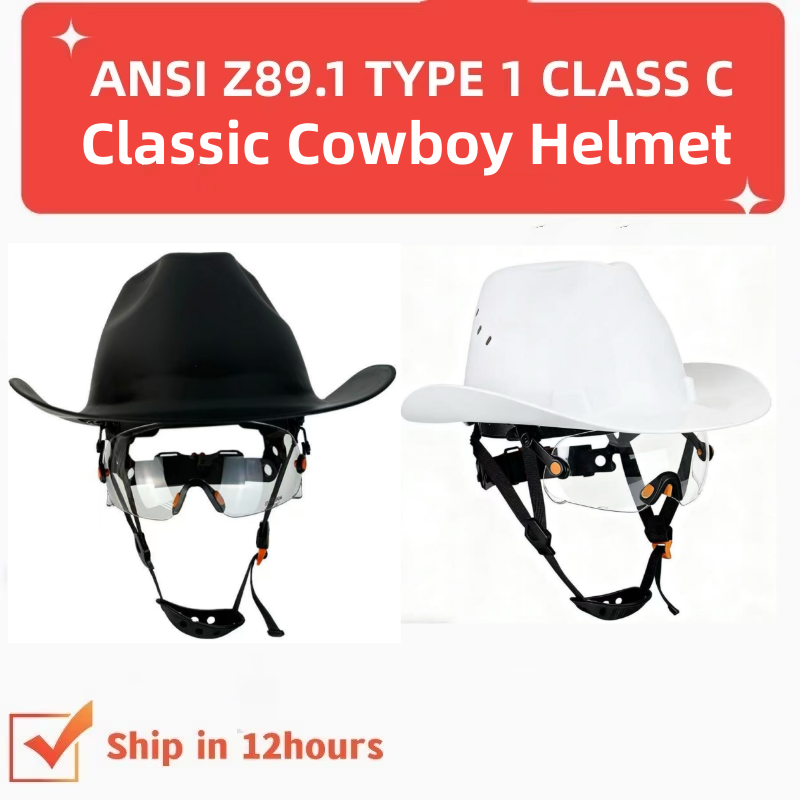 フルつばカウボーイハードハット、高品質ゴーグル付きアウトドアファッション保護安全ヘルメットANSI認定サンシェードハードキャップ