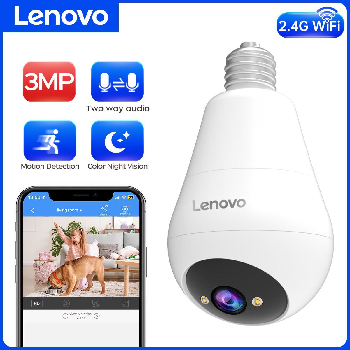 レノボ 3MP WIFI E27 電球セキュリティカメラフルカラーナイトビジョン双方向音声インターホンスマートホームワイヤレスカメラ