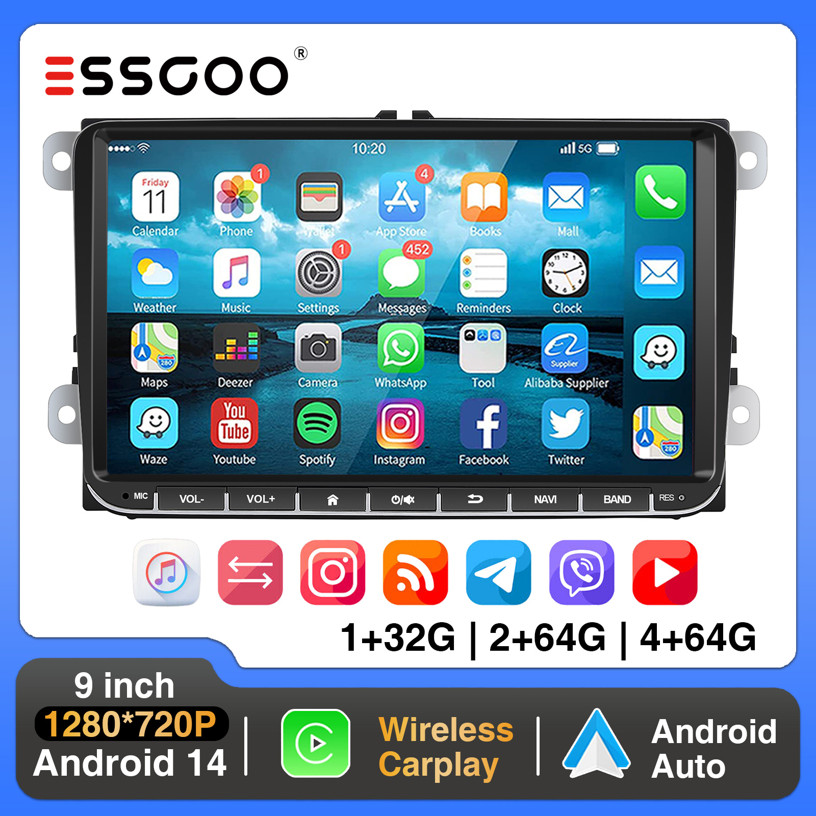 ESSGOO 9 "アンドロイド 14 4 64 グラム CarPlay カーステレオラジオ VW ゴルフ 5 6 パサート B6 B7 ポロトゥーランティグアンキャディー GPS ナビ WIFI RDS FM