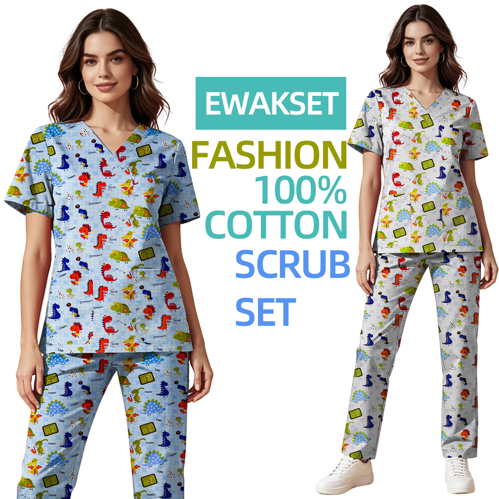 New Scrub Set 100% Cotton Female V-Neck Short Sleeve Medical Uniform Pockets Pant Nurse Doctor Healthcare Workwear for Women Men