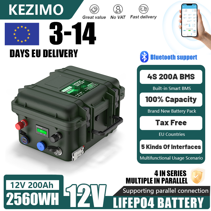 12V 200Ah 100Ah LiFePO4 Battery 2560Wh Bluetooth BMS 140Ah 24V Fish Boat Battery 6000 Cycles IP56 USB QC Charge EU Fast Delivery