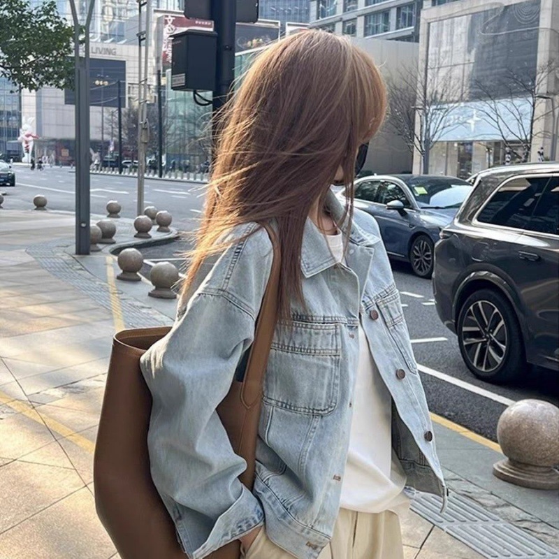 New Ins 韓国ウォッシュコットンレトロデニムジャケット女性の春と秋の薄い韓国語バージョンルーズショート長袖シャツ