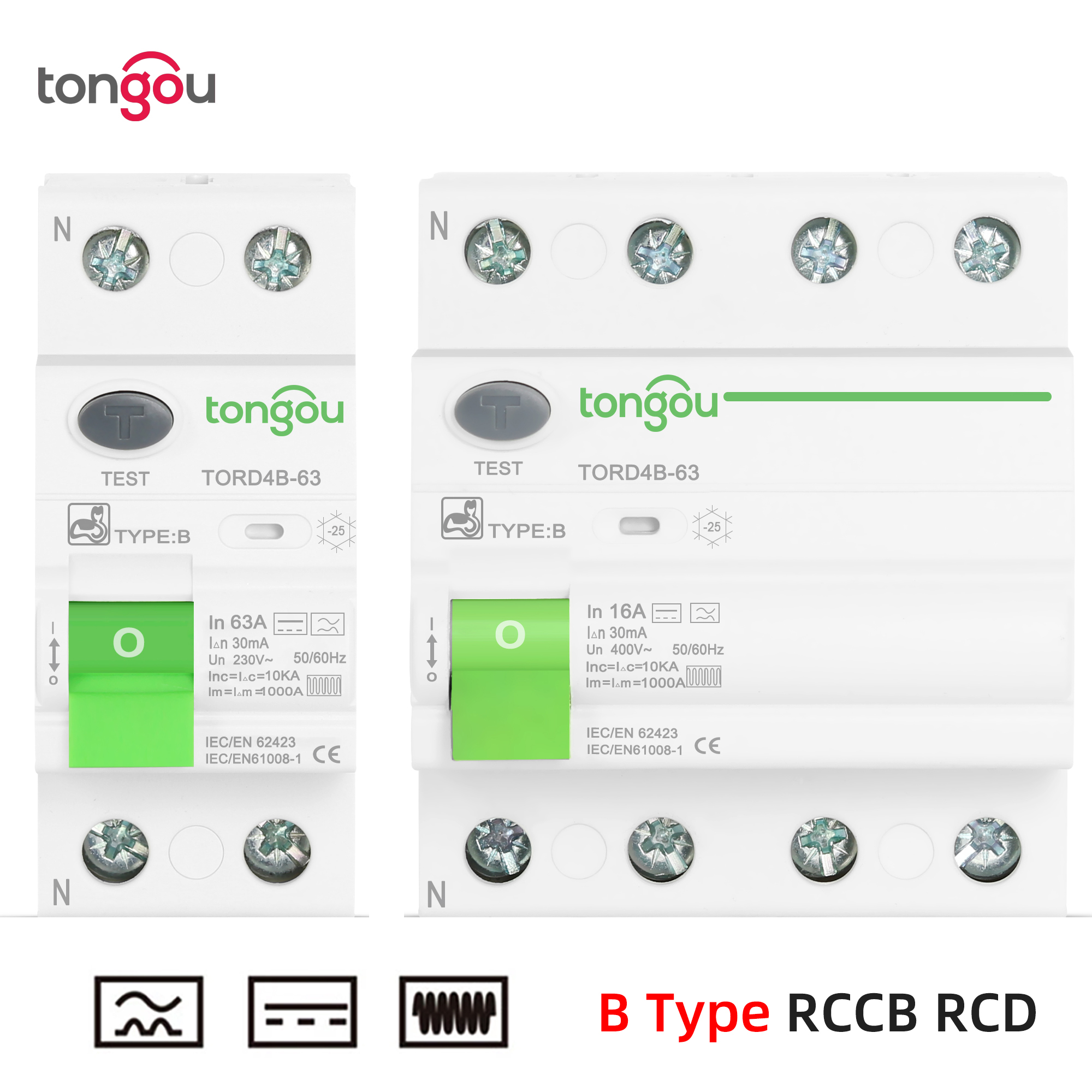 RCD RCCB タイプ B 漏電残留電流サーキットブレーカー Evse 2P 4P AC 40a 63a 30ma 100ma 300ma 10KA Din レール 230V TONGOU