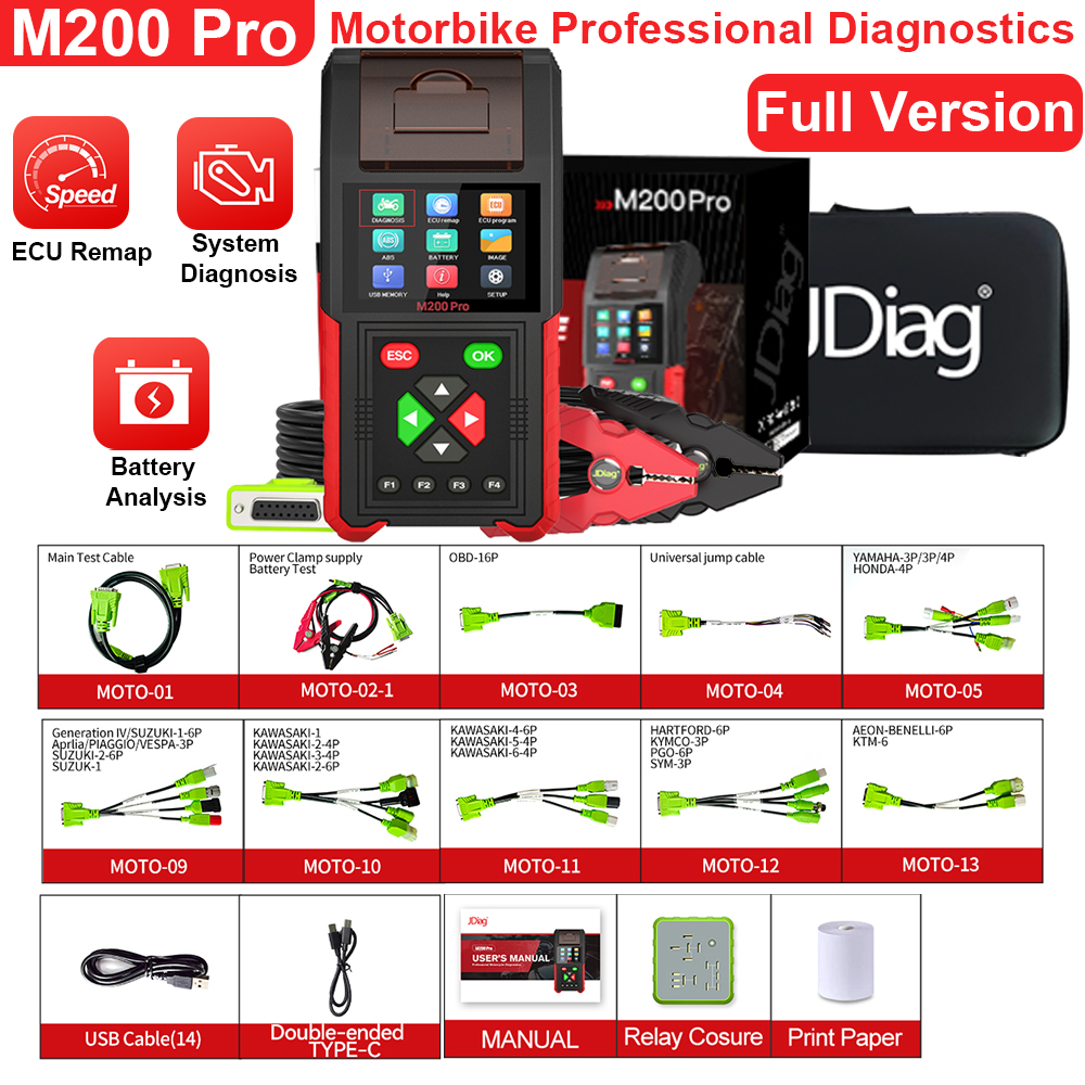 JDiag M200 Pro 診断スキャナーサポート ECU リマップユニバーサルオートバイスキャナーバッテリーテスター ABS システムテスト障害コード読み取り