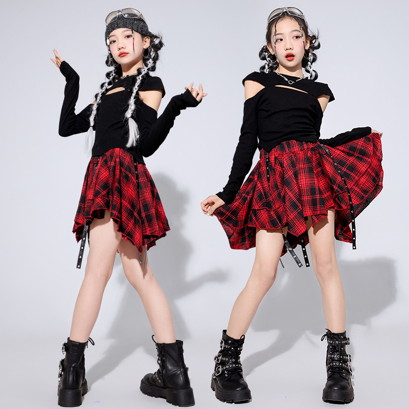 Girls Hip Hop Black Top Plaid Street Dance Skirt Kids Ribbon Pleated Skirts Teenagers Jazz Streetwear Clothes Sets Cool Costumes