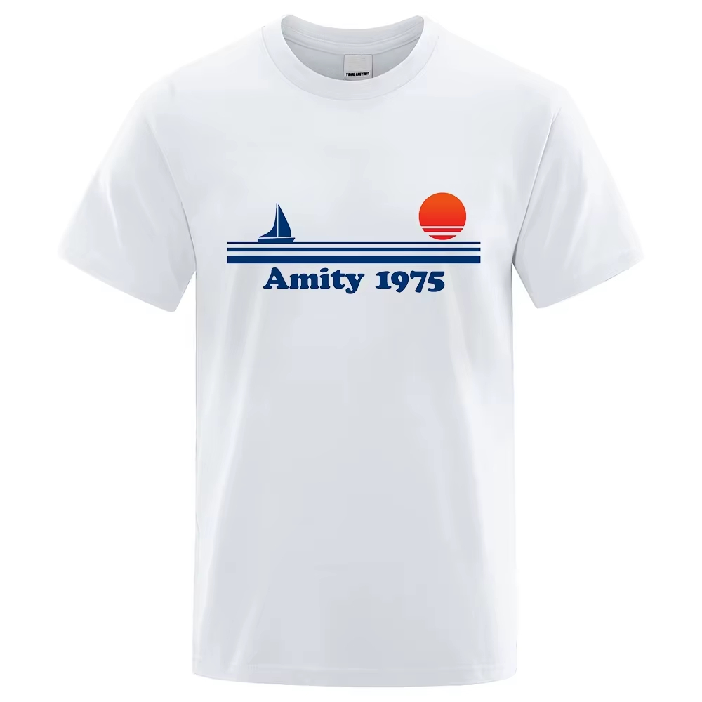 Amity 1975 - ジョーズレトロプリント Tシャツ男性創造性汗衣類ファッション Tシャツ服 Tシャツ通気性 Tシャツ男性女性