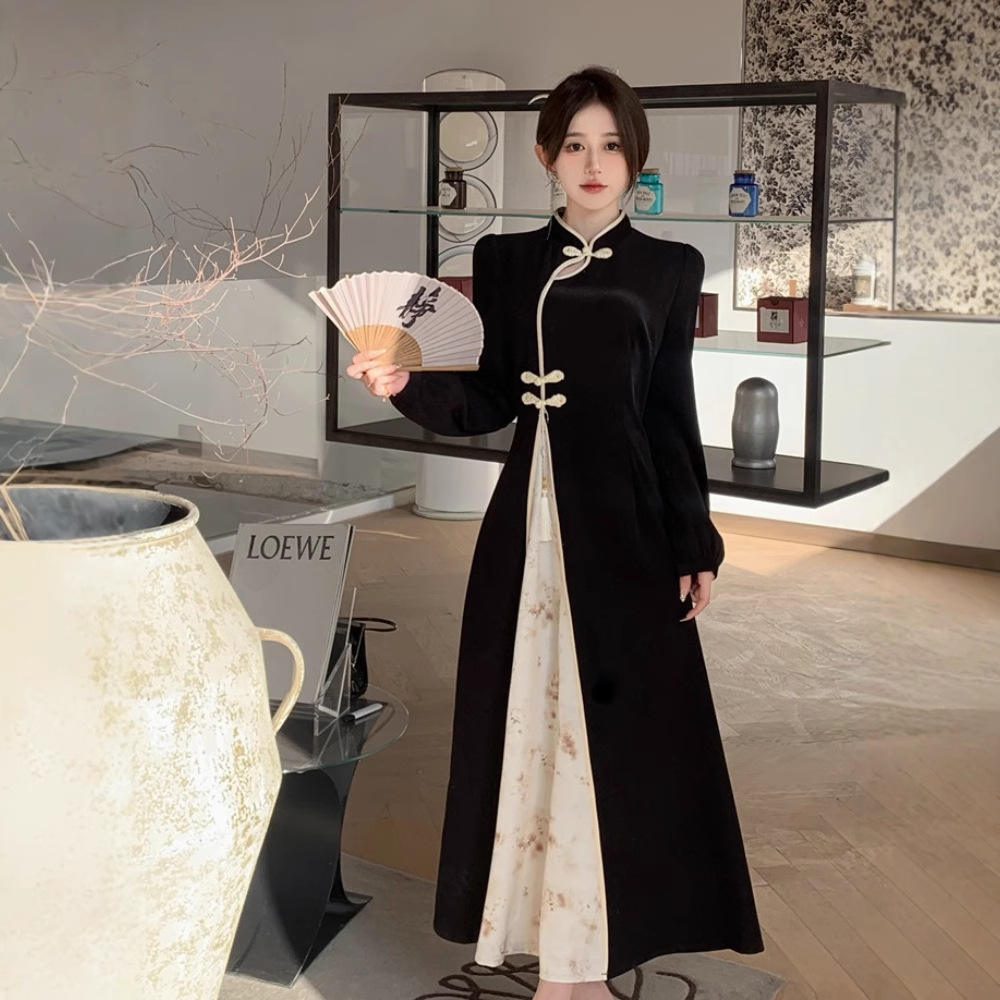中国風の国民風新年バトルローブボタン修正袍ロングドレス女性ダークパターンファッションロングスカート
