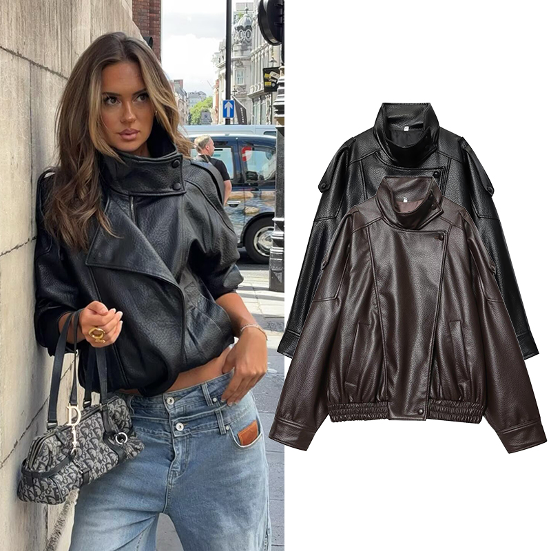 女性のジャケットコート秋冬ファッションフェイクレザージャケット女性スタンドカラー長袖コート女性の上着シックなトップス