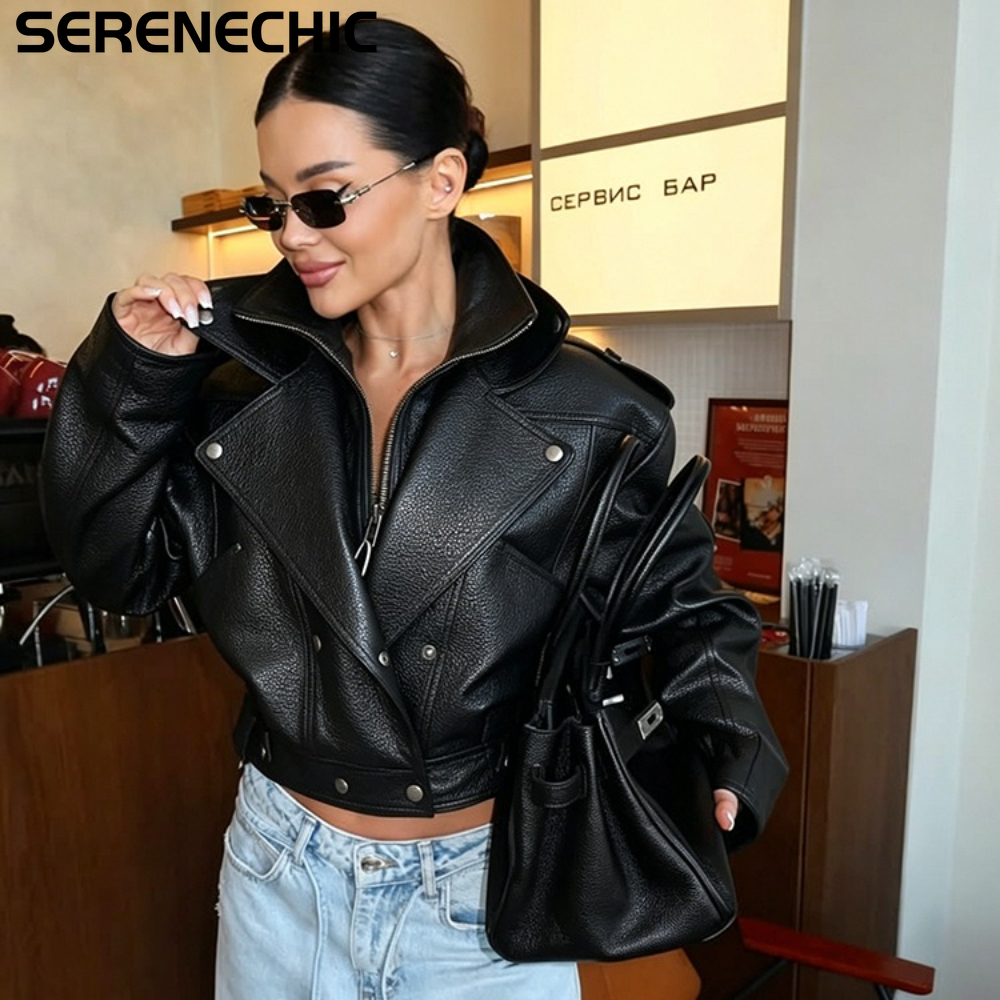 SERENECHIC 女性のブラックフェイクレザークロップドモトジャケット非対称ジップ PU バイカーコート女性新秋ヴィンテージパンクアウター
