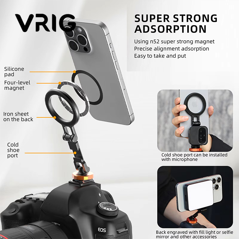 VRIG 磁気コールドシューマウント電話ホルダー W 1/4 電話三脚マウント MagSafe iPhone 16 15 14 Samsung カメラマイクライトモニター用