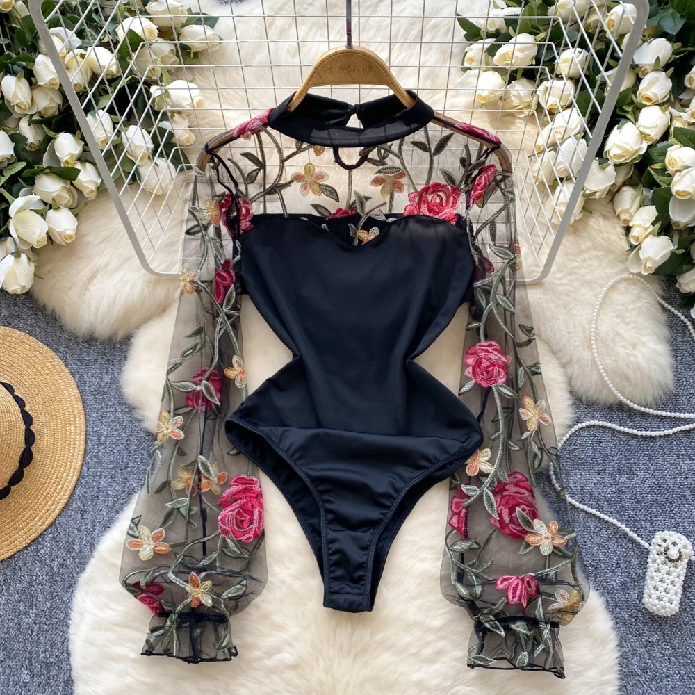 Women Sexy Mesh Bodysuit Chic Embroidered Spliced Long Sleeve Jumpsuits Basics Summer Beach Vacation Slim Rompers Ins Clothing
