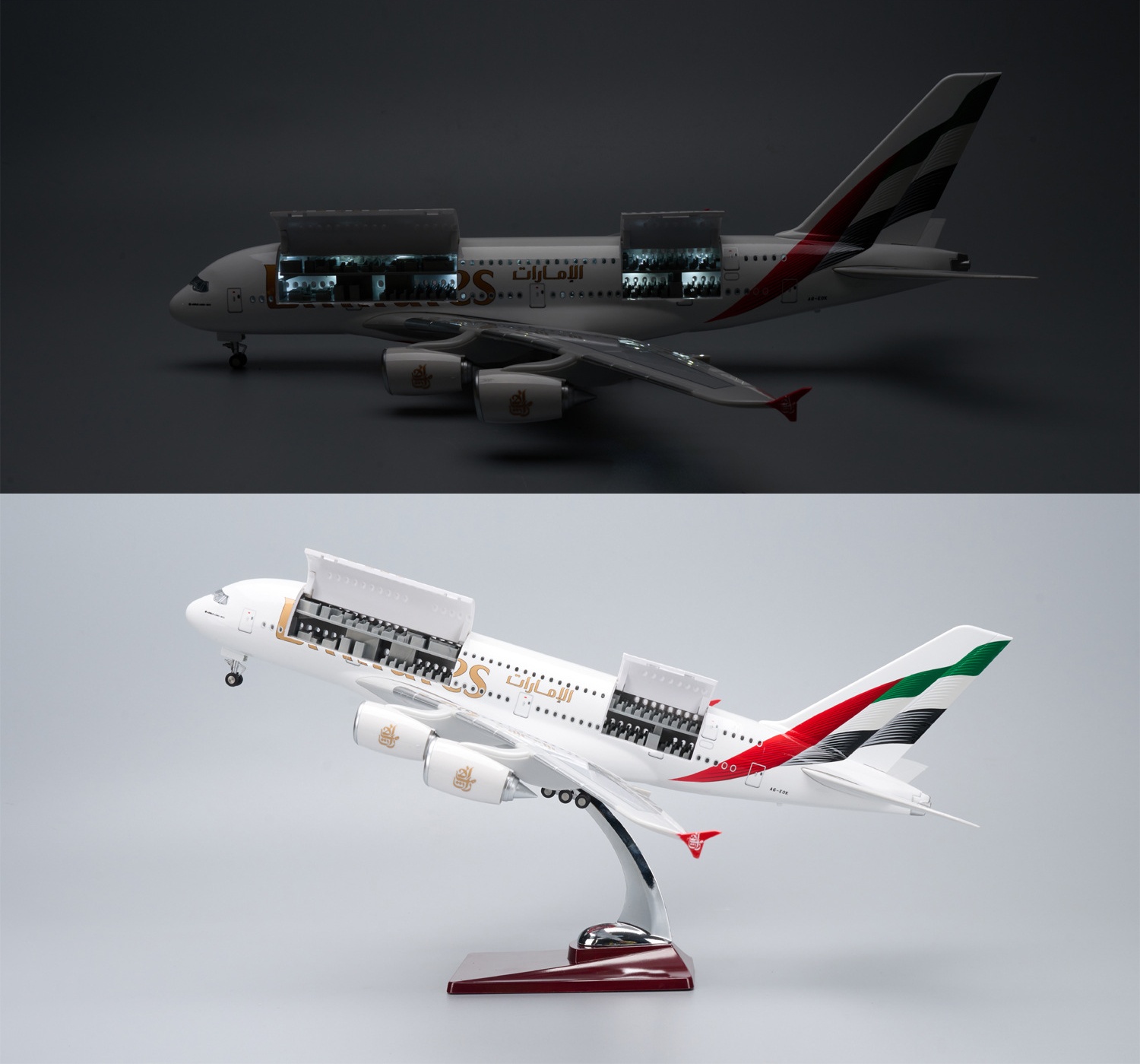 新しい飛行機モデル A380 エミレーツ航空樹脂ダイキャスト開閉可能なキャビンドア航空機ライトエアラインコレクションディスプレイギフト付き