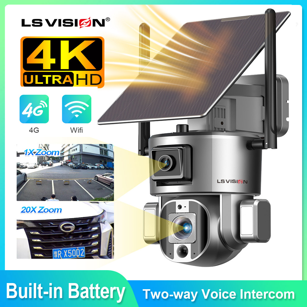 LS VISION 4K 20X ズーム 4G ソーラーセキュリティカメラデュアルスクリーンワイヤレス屋外 Wifi 監視カメラ IP ソレア Cctv Sim カード