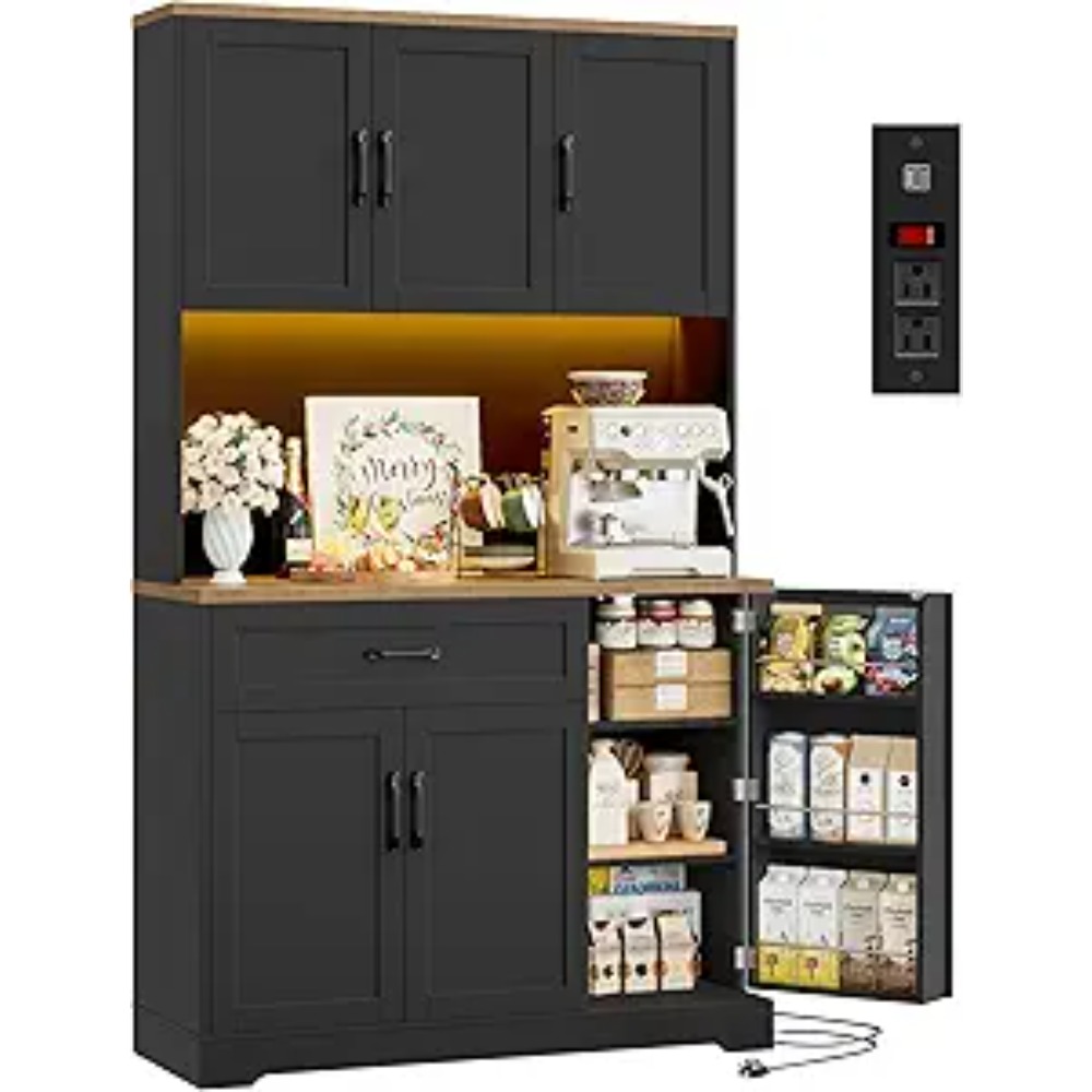 71インチ LEDパントリーキャビネット、電源コンセント付き、背の高いキッチンハッチ収納キャビネット、電子レンジスタンド付き