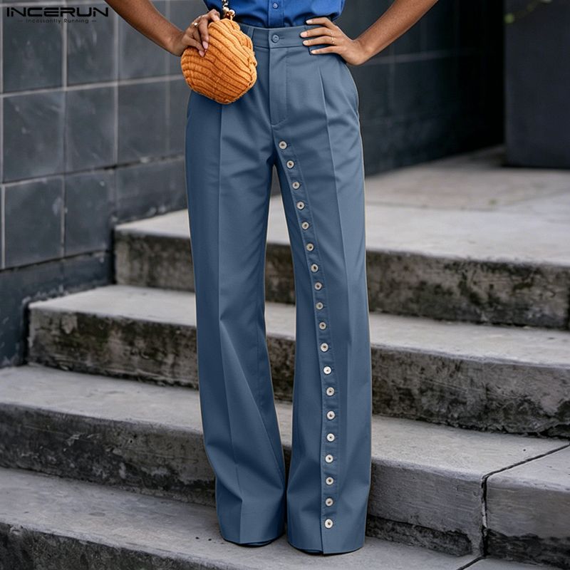 INCERUN メンズパンツ無地ボタンジョガールーズカジュアルストレートズボン男性ストリート 2026 ファッションパンツ Pantalones