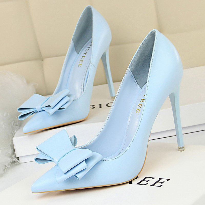 女性の新しいエレガントな 10.5 センチメートルハイヒールパンプスレディスカイブルーバタフライノットデザインプリンセスシューズ女性グラムポインテッドトゥシューズ