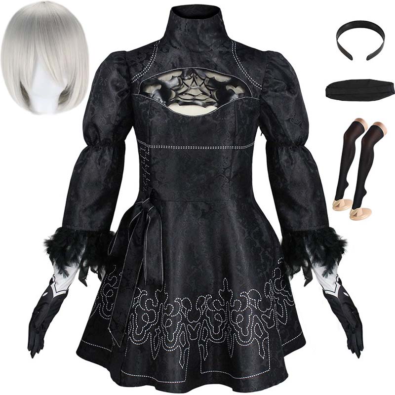 ビッグサイズ Yorha 2B コスプレ衣装黒レオタードドレス 2B フルセットハロウィン Shojou 魔法少女衣装ウィッグ手袋アイマスク靴下