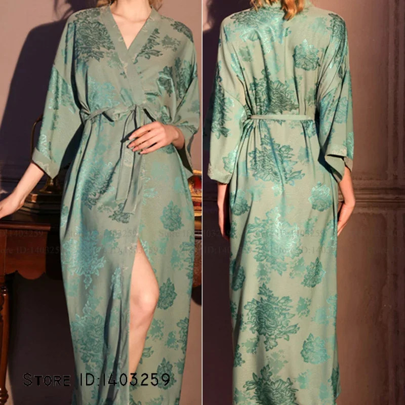 中国風のジャカードロングローブネグリジェ春夏半袖着物バスローブガウンルーズカジュアルサテンパジャマHomewar