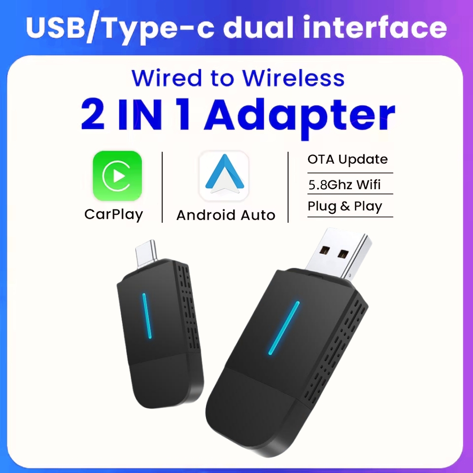 ANYFAR デュアルインターフェースワイヤレス CarPlay Android Auto ワイヤレス USB TYPE-C アダプタースマートミニボックスプラグ高速接続ユニバーサル