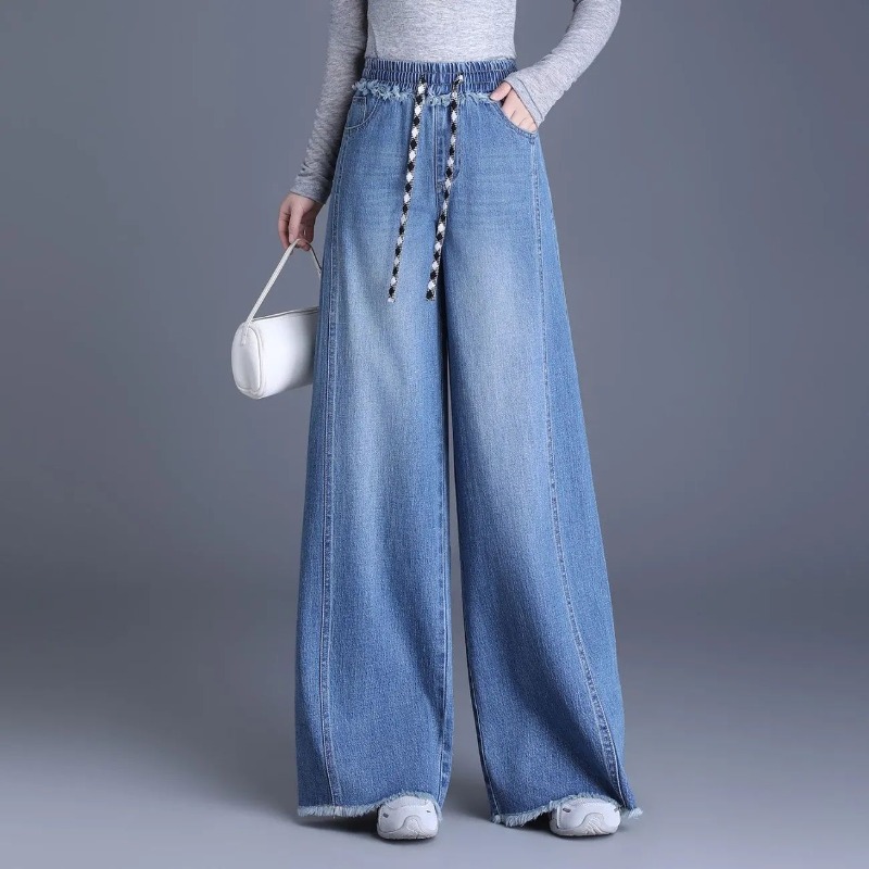 薄いデニムジーンズ女性の夏のハイウエストワイドレッグルーズパンツS-3XL