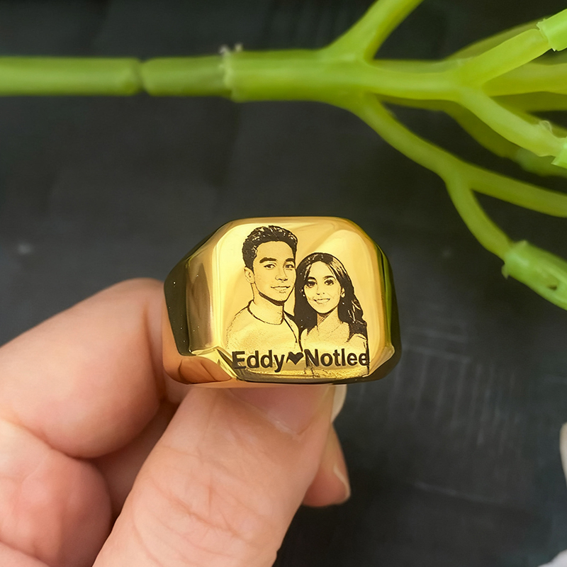 ステンレス鋼ジュエリー anillos リング男性女性カスタムテキスト写真ロゴレーザー彫刻ポートレートブラックシルバーカラーリングギフト