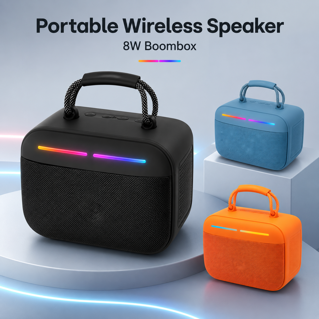 RGBライトバー付きポータブル8WワイヤレスBluetoothスピーカー、1200mAh充電式バッテリー、Type-C充電、FMラジオ、TFカードおよびUSB再生、編組キャリーハンドル、家庭、旅行、パー用ファブリックラジカセ