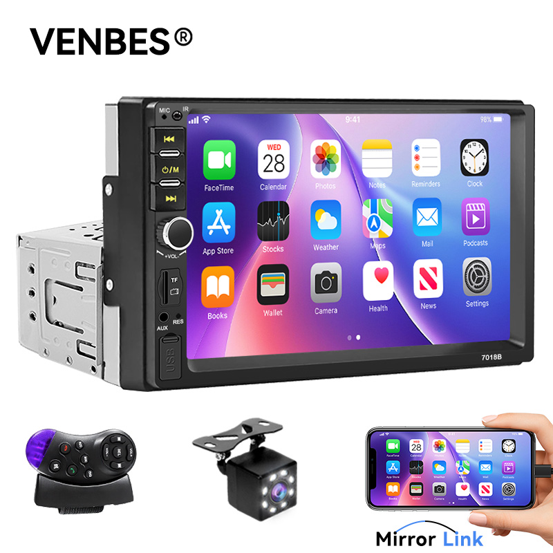 VENBES 1 DIN 7 Inch Car Radio Mirrorlink Universal Auto Radio FM/BT/USB/TF HD Touch Screen Easy to Install with CAN Bus