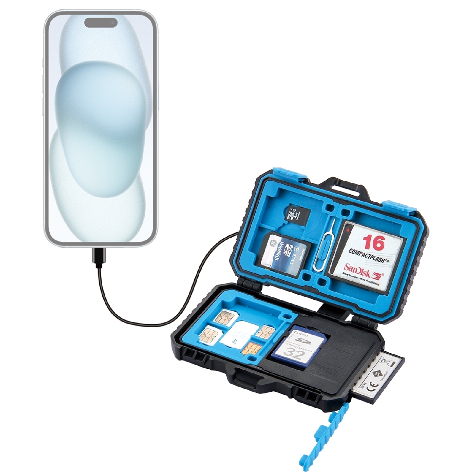 PULUZ 22 in 1 メモリカードケース Type-C カード読み取り付き 1Standard SIM 2Micro-SIM 2Nano-SIM 3CF 7SD 6TF 1CARD PIN カードバッグカバー