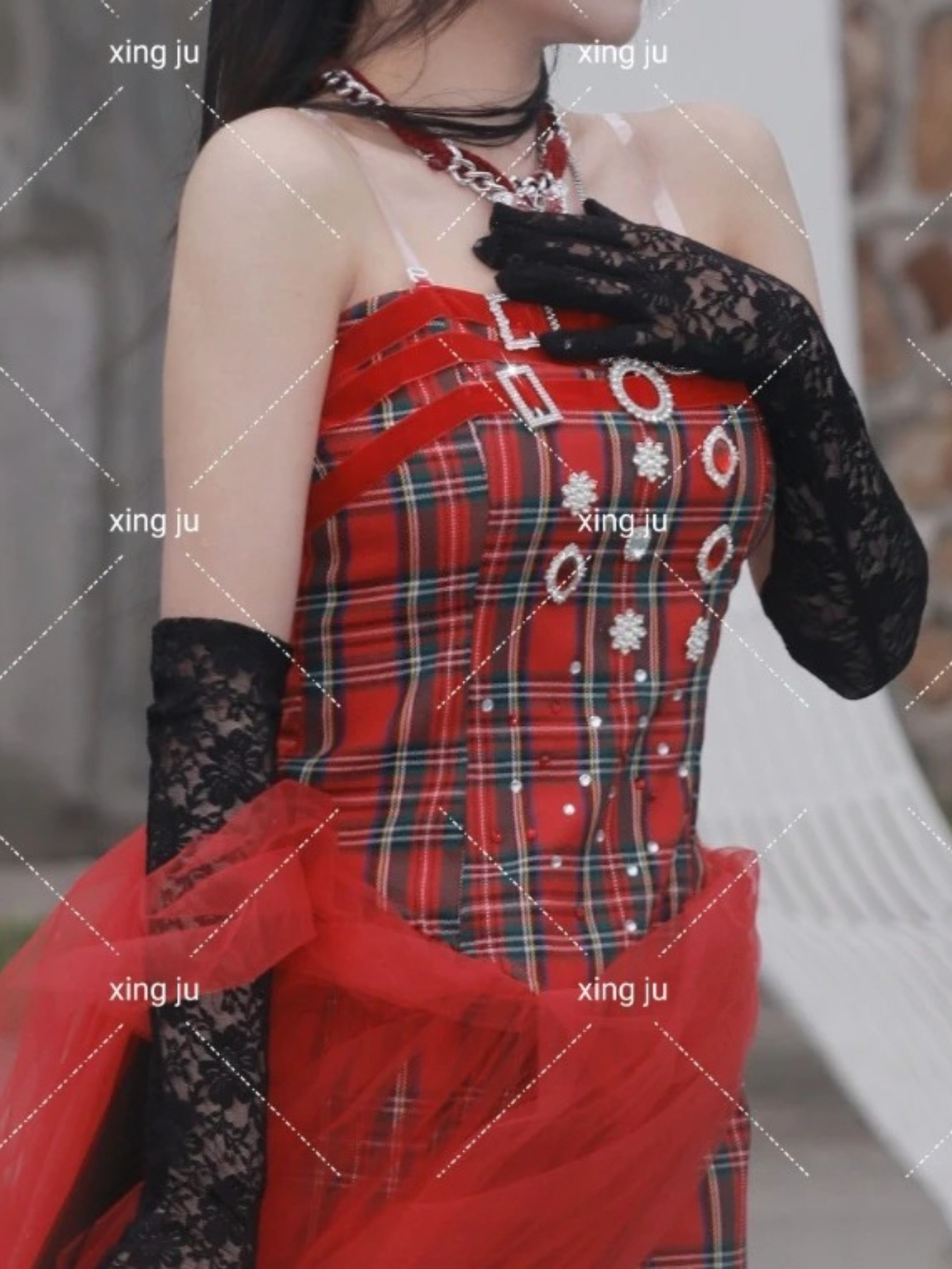 2026 夏韓国歌手パーティーダンス服ヒップホップレッドメッシュチェック柄ロングドレスナイトクラブ DJ セクシーなフェスティバルステージ絶賛衣装