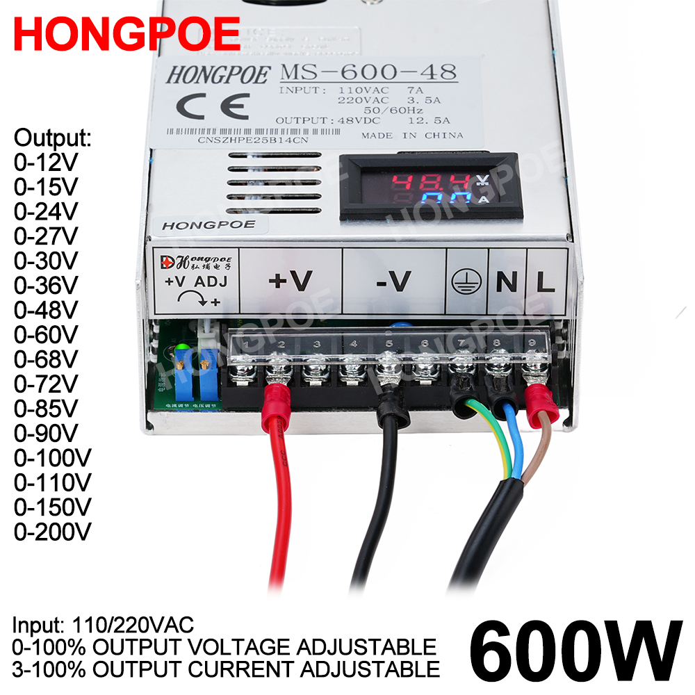 デジタル表示 600W 可変電源 0-12V 15V 24V 27V 30V 36V 48V 60V 68V 72V 85V 90V 100V 110V 150V 200V AC-DC