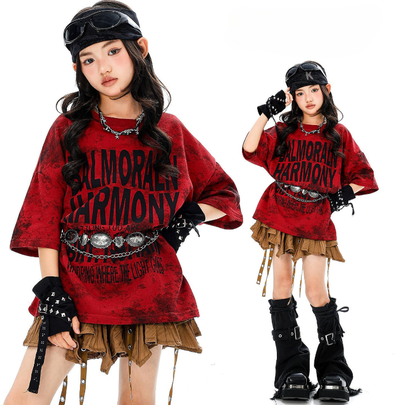 女の子ストリートダンスヒップホップ服赤半袖Tシャツコーヒースカートモダンダンスパフォーマンス衣装グループジャズステージ着用