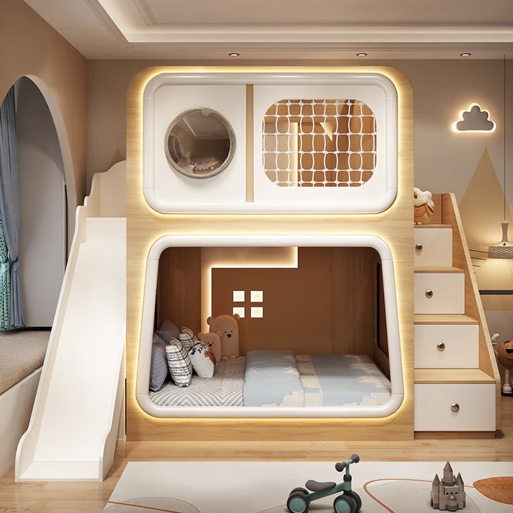 本棚スライドはしご付きスペースカプセル二段ベッド、子供用ツリーハウスロフトベッド、小さな部屋用木製ダブルベッド