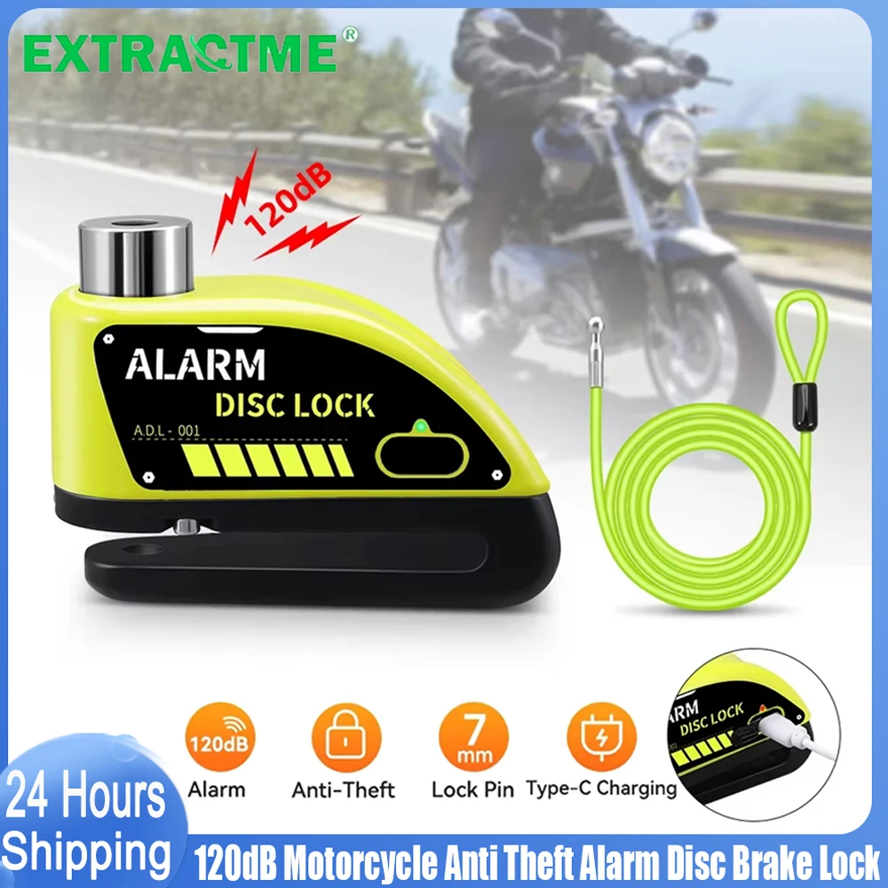 Extractme オートバイ警報ディスクブレーキロックセキュリティモトホイールディスク南京錠防水 110dB 大音量盗難防止警報 Motocicleta