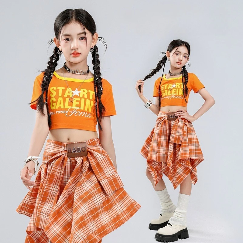 New Girls Hip Hop Cool Streetwear Clothes Sets Street Dance Costumes Fashion Orange Crop Top Plaid Skirt Jazz Stage Wear Group