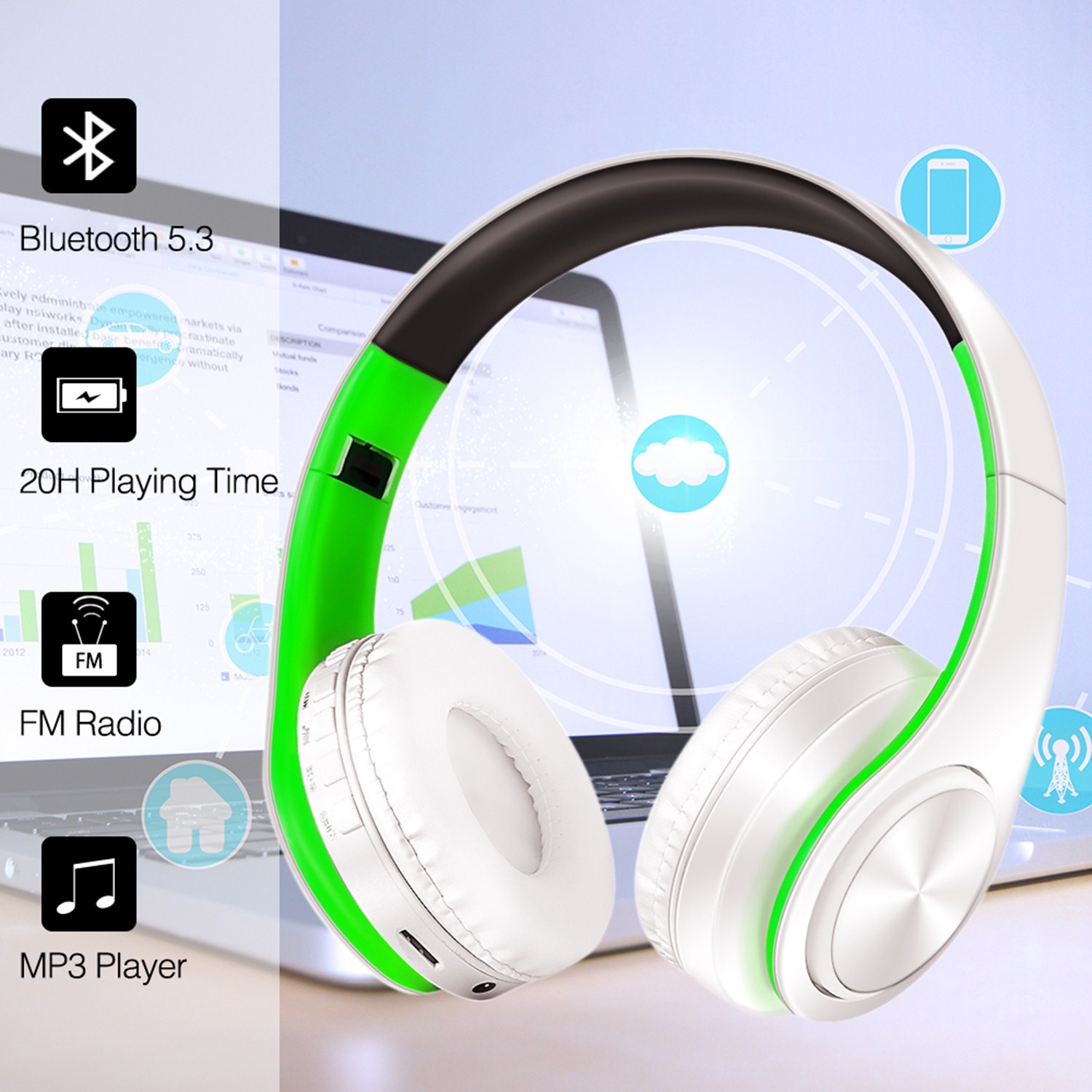 折りたたみ式オーバーイヤーイヤホン Bluetooth ヘッドフォン ワイヤレスマイクヘッドセット V5.3 サポート TF カード音楽電話用