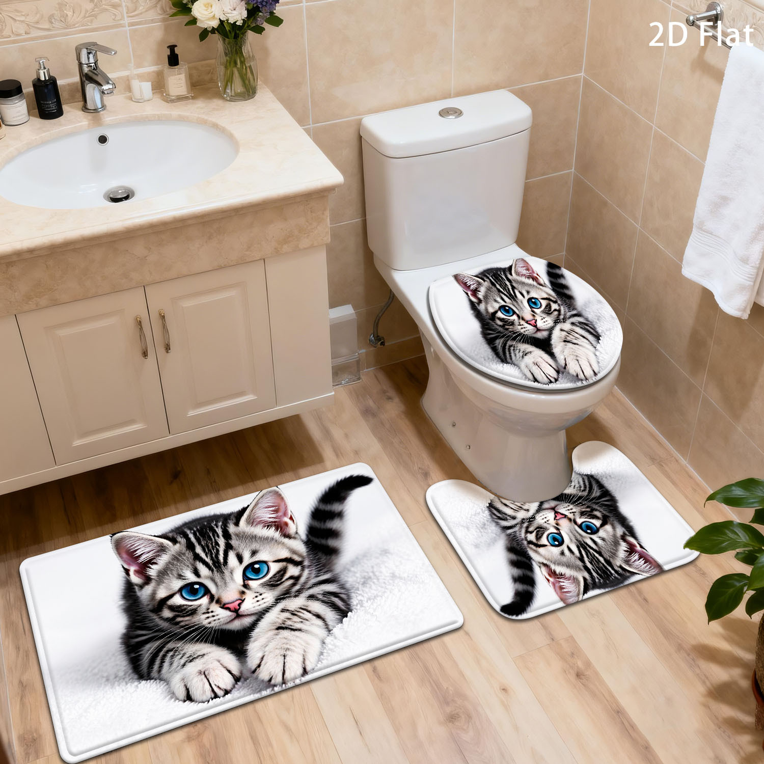 かわいい猫のテーマアンチスリップバスマットセットバスルームラグ玄関マット防水マット化粧台の装飾シャワーマットペット恋人ギフトエッセンシャル H