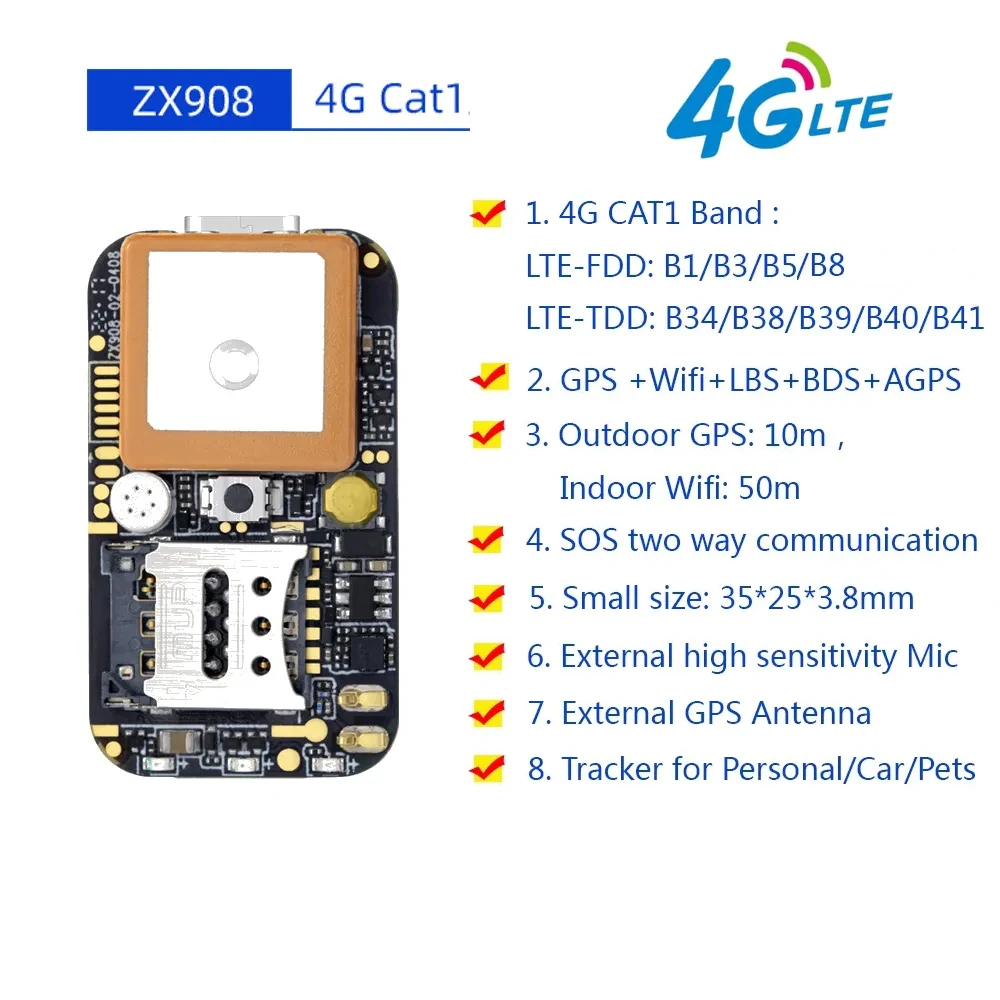 ZX908 ミニ 4 グラム GPS トラッカー CAT1 PCBA チップボード車両用車人追跡システムワイヤレス WIFI 北斗衛星ロケーター