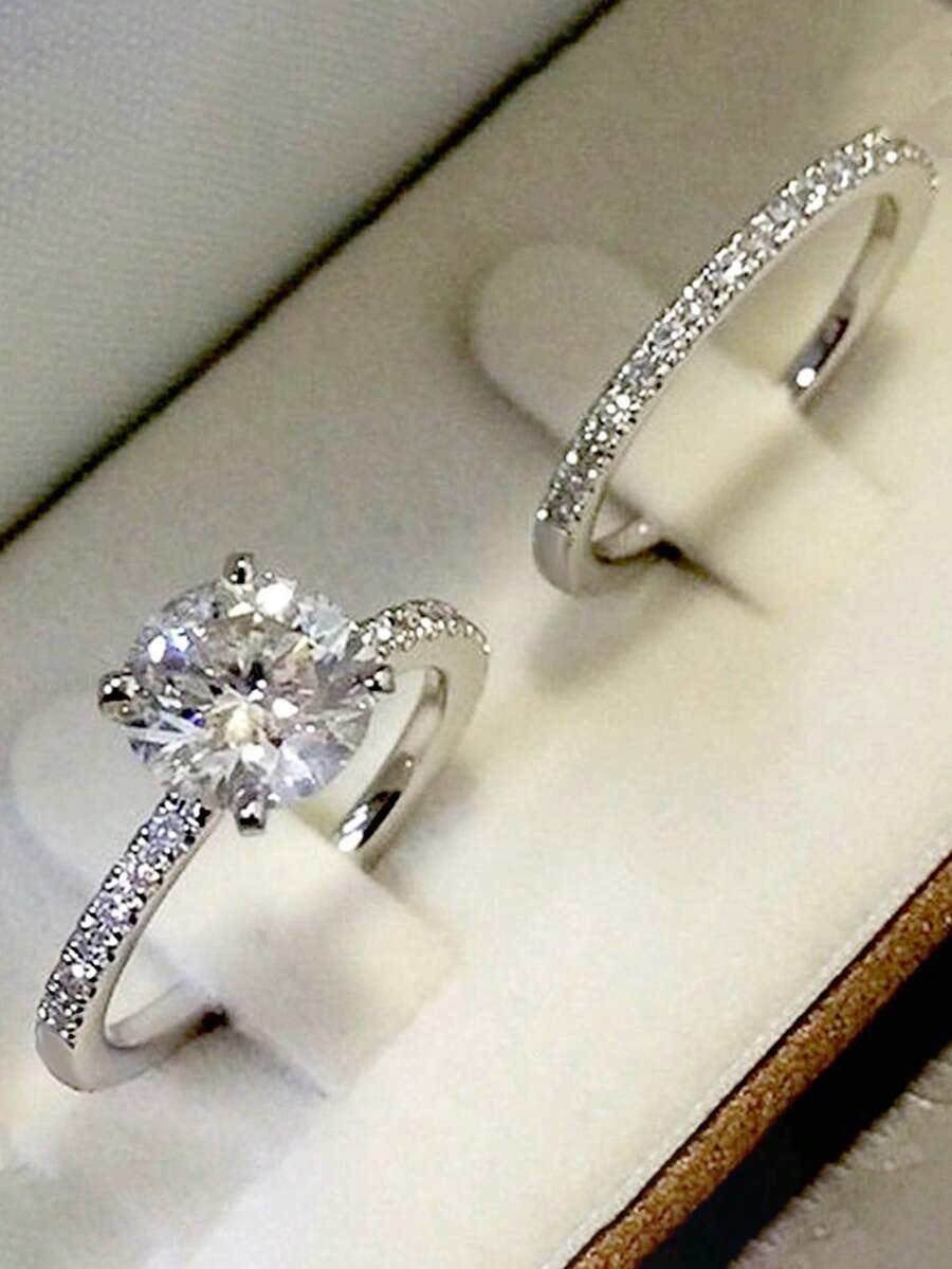 2 個クラシック亜鉛合金ジルコニアラウンドリングセット女性の日常着婚約パーティー結婚式