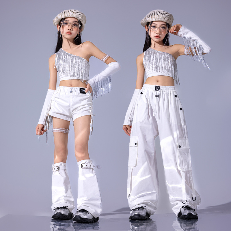 女の子ヒップホップ服白ワンショルダートップストリートジョガーカーゴパンツショート子供のためのジャズダンス衣装服