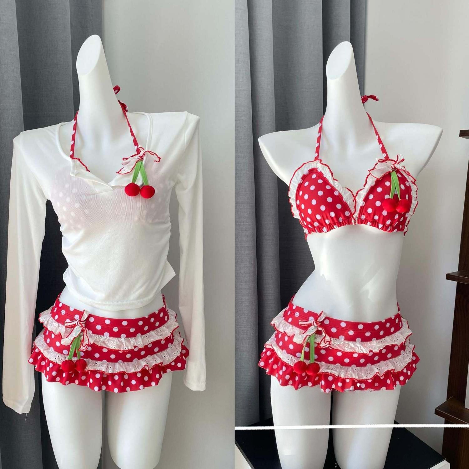 スイートチェリー水玉ビキニセット長袖シアーカバーアップ女性ホルターネックフリルボトムビーチ休暇水着夏