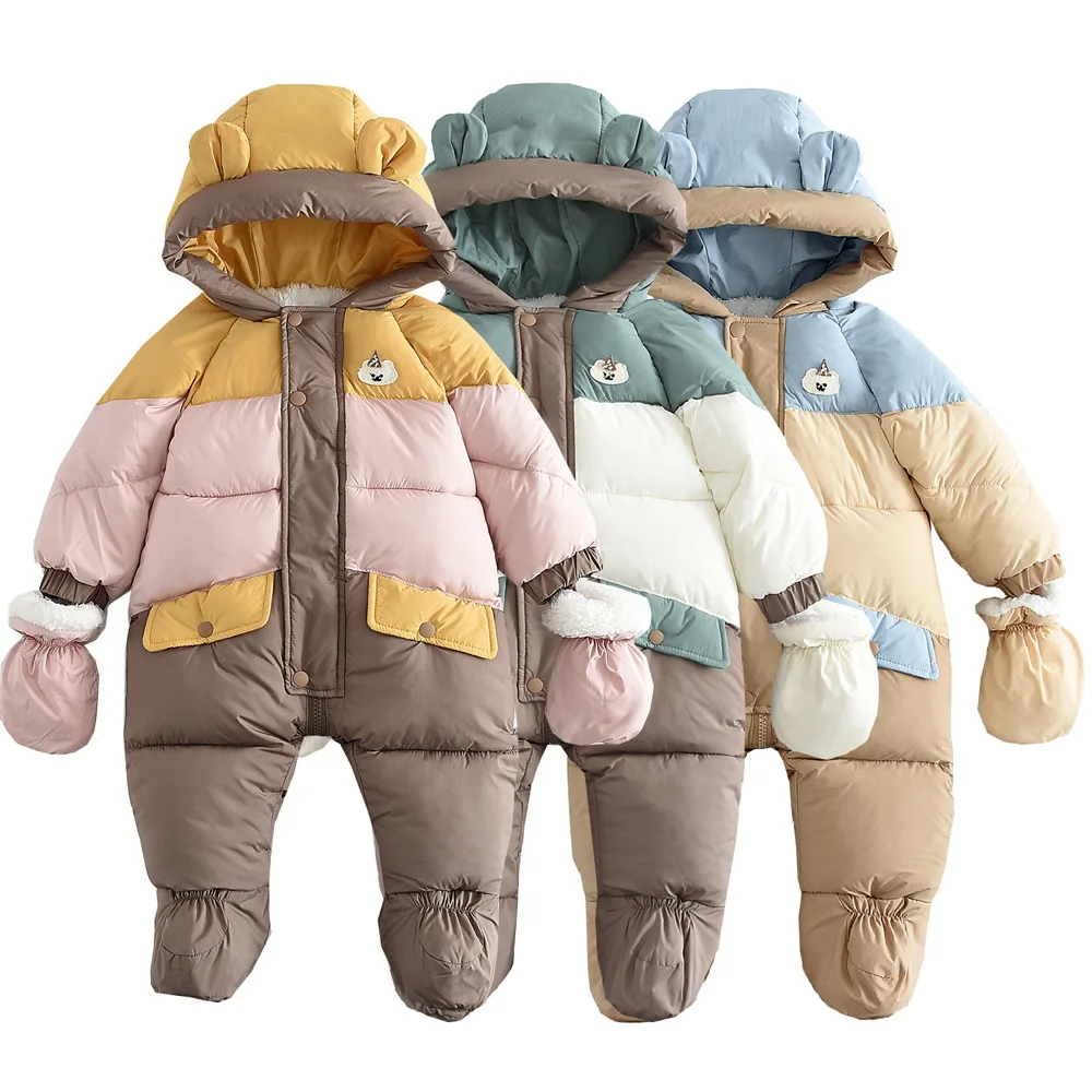 0-2 Y 冬ベビー服クマパーカー幼児女の子ロンパース厚みの毛皮の裏地男の子ジャンプスーツ幼児暖かいワンピース