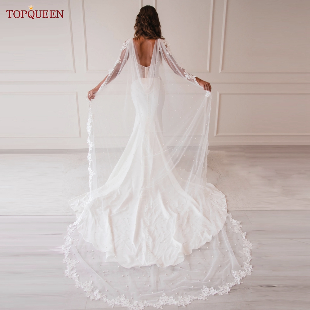 TOPQUEEN VG59 ブライダルショール結婚式マント真珠レースボレロ女性のためのメッシュケープベール民間女性の結婚式のスーツボレロイブニング DIY