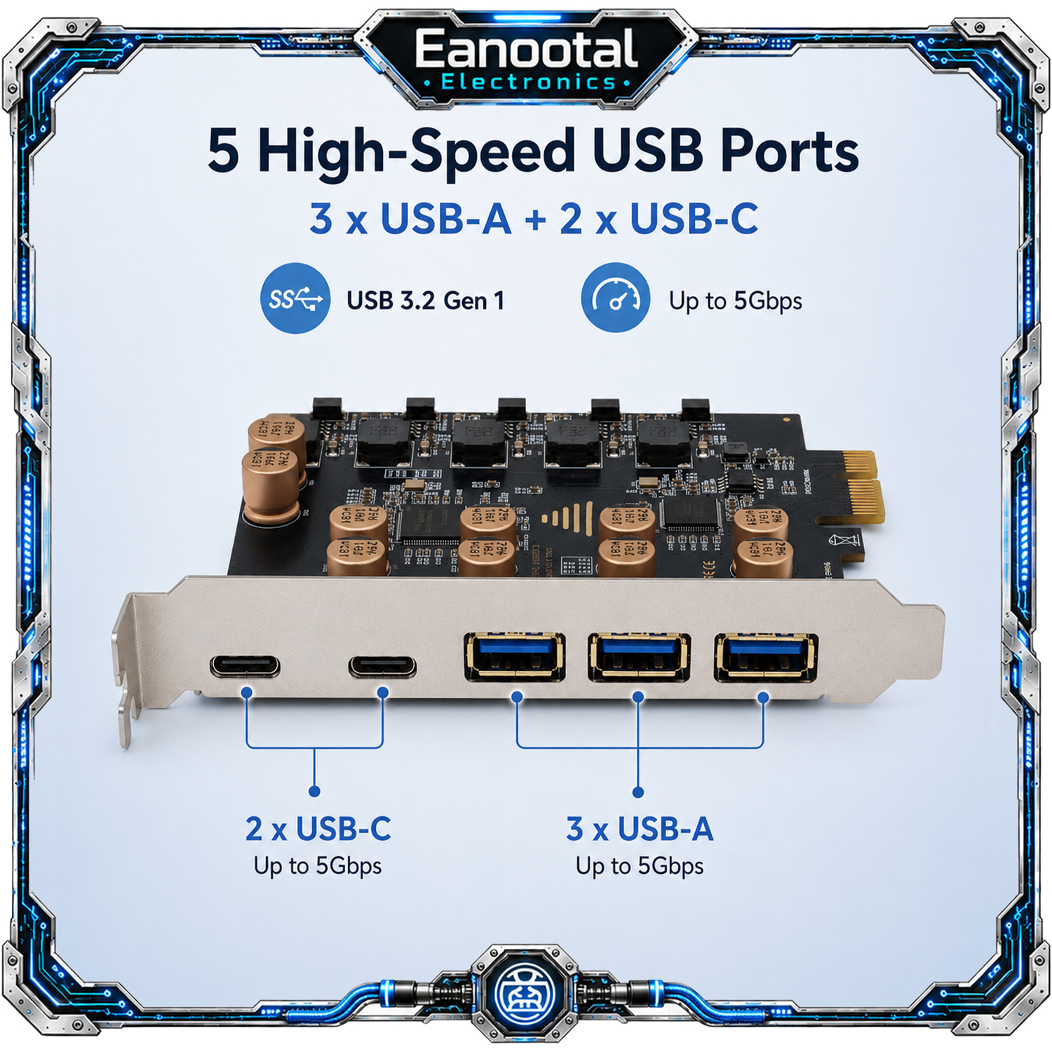 デスクトップコンピュータ用 PCIe x4 x8 x16 対応 USB-Aポート×3、USB-Cポート×2搭載 PCIe x1 USB 3.0拡張カード