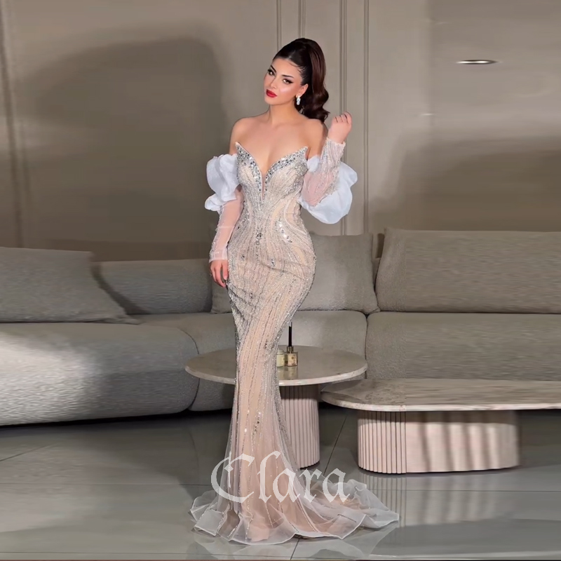 Clara Sexy V Neck Evening Dress Beading Sequined Wedding Party Dress Modern Mermaid Women's Prom Dress فساتين سهرة Custom