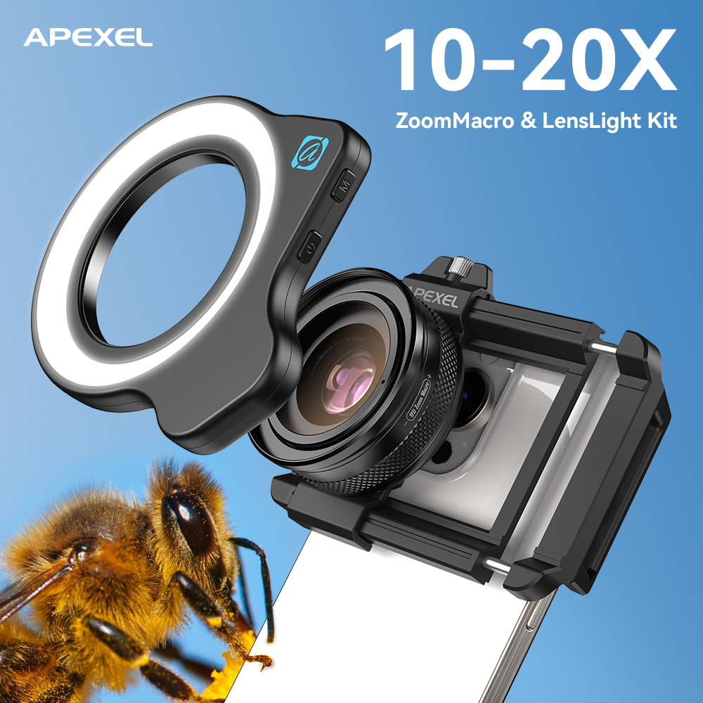APEXEL 10-20X ズームマクロレンズ HD マイク電話カメラレンズ LED フィルライト付き iPhone Samsung すべてのスマートフォンまつげマクロ用