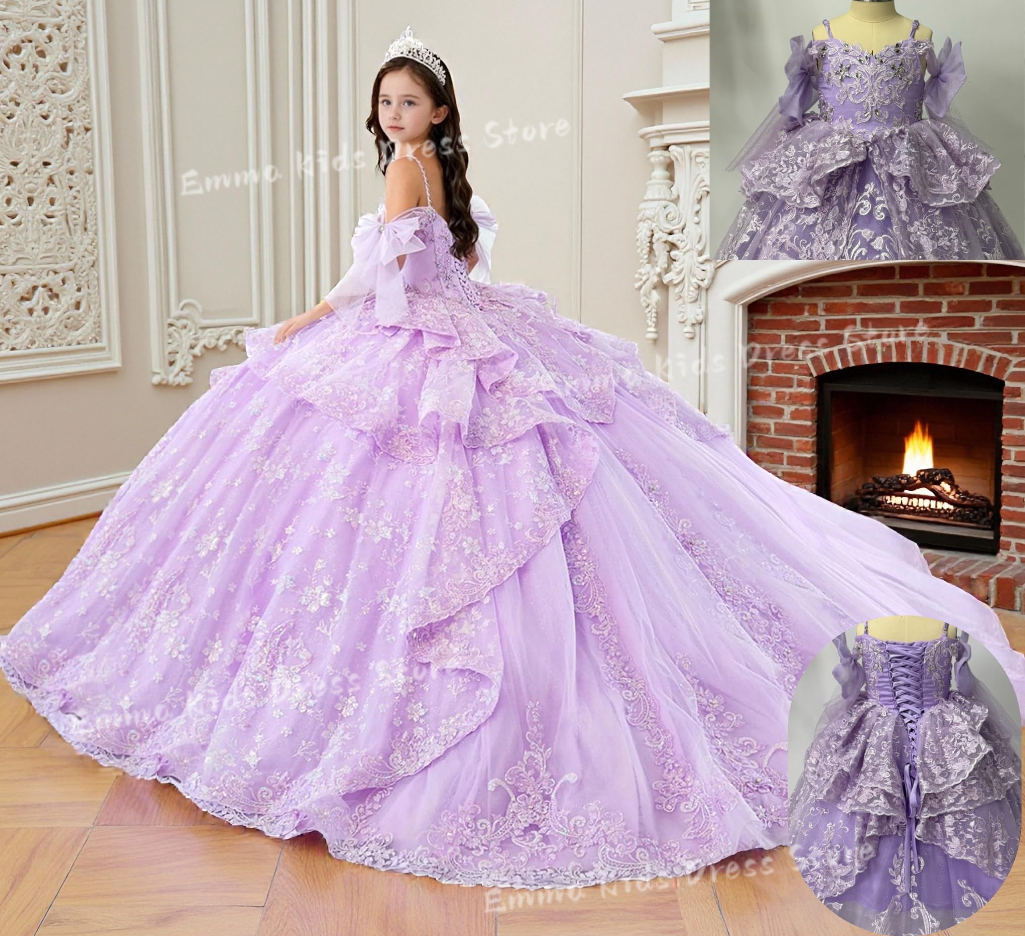 カスタム レース アップリケ フラワー ガール ドレス 結婚式 初聖体 弓付き オフショルダー ガール パーティー ドレス