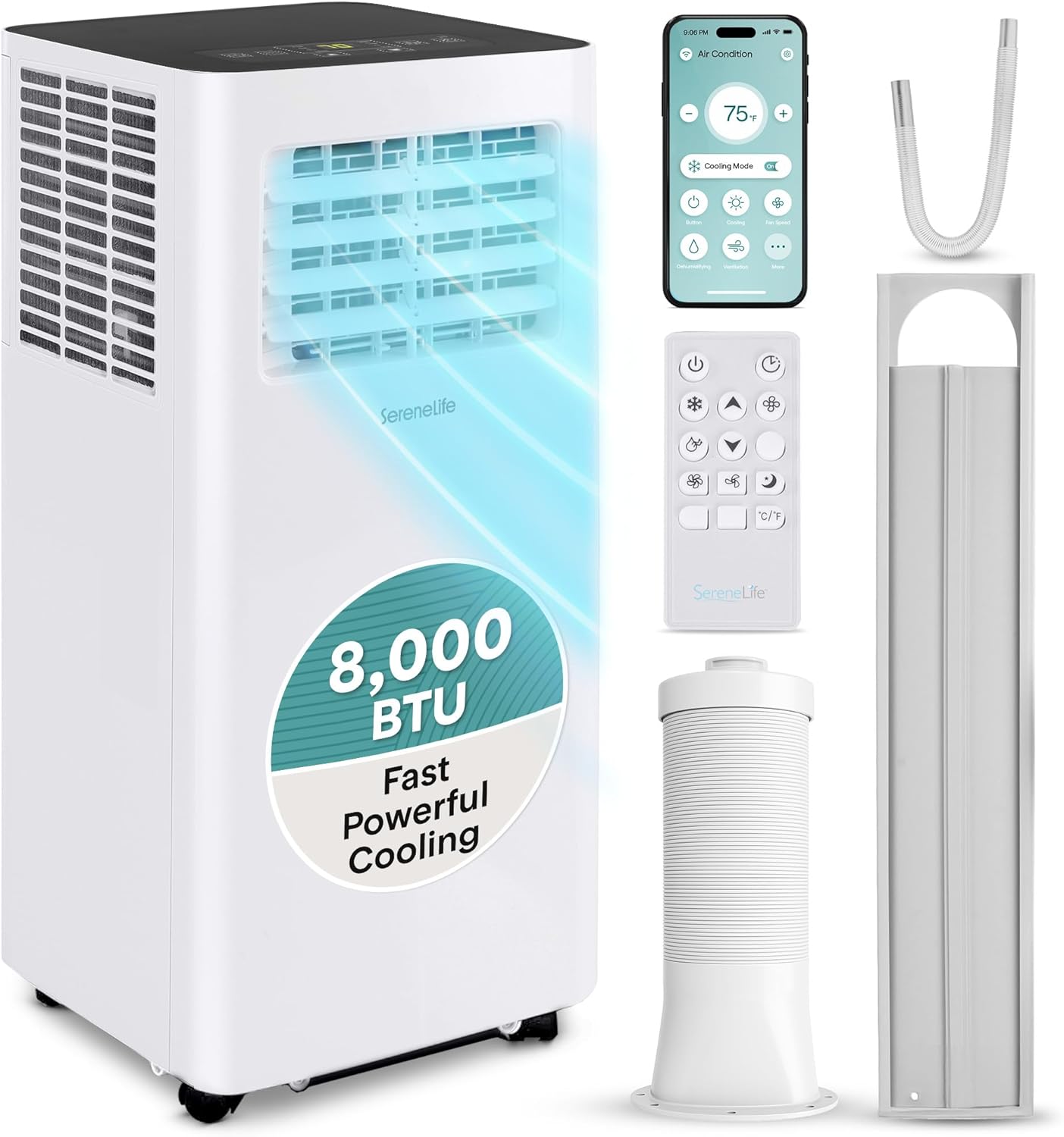 ポータブルエアコン 8,000 BTU、除湿器内蔵、最大 350 平方フィートをカバー、WiFi アプリとリモコン、窓取り付け排気キット付属