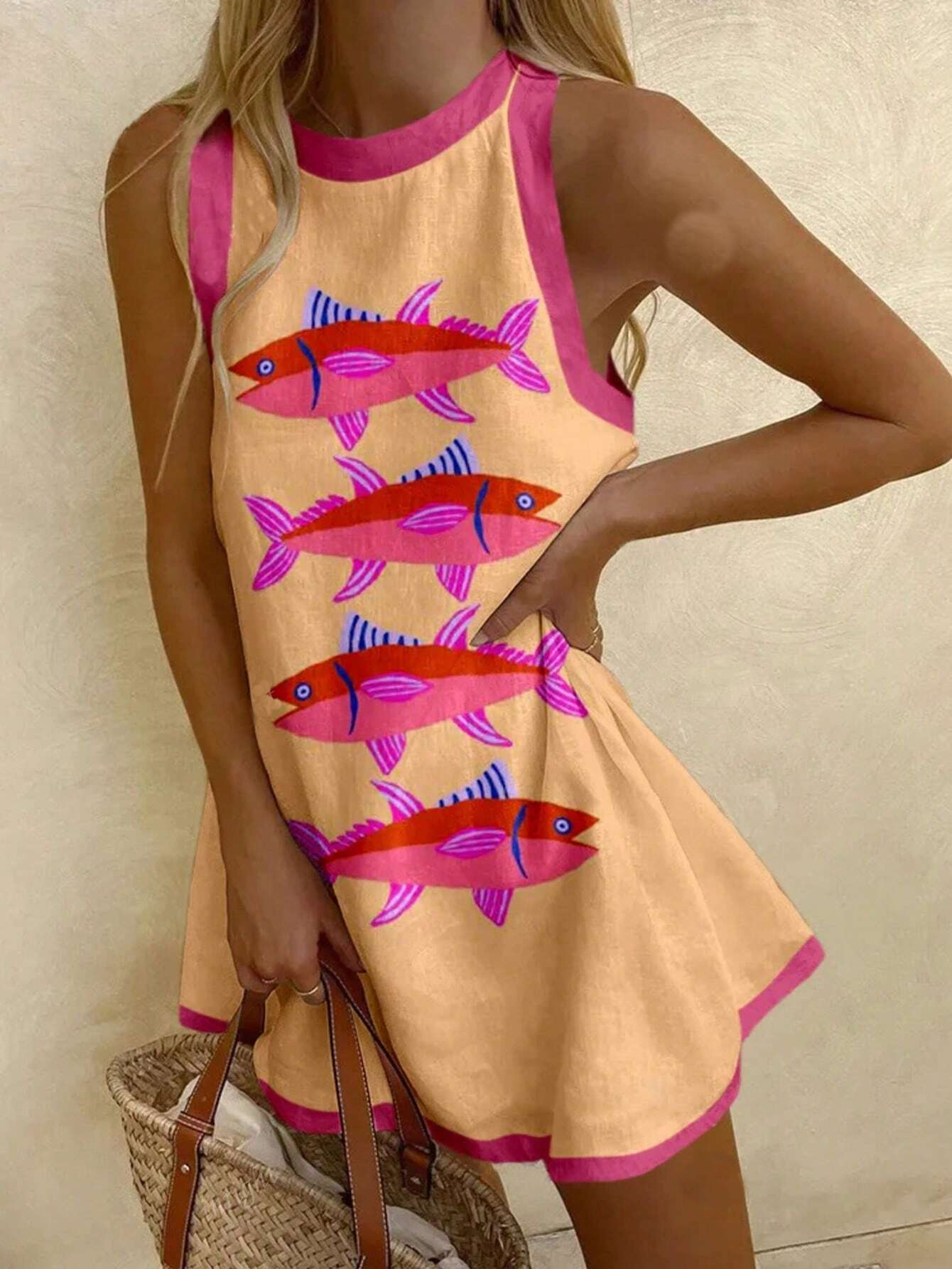 海辺の休暇イワシ熱帯魚衝突ノースリーブミニドレス特大 Y2k レディース服ハワイ休暇ドレス Tシャツ