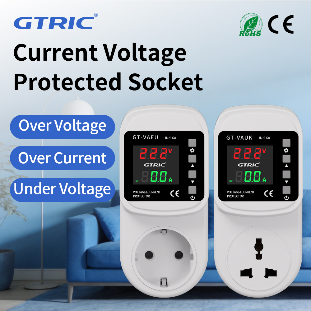 GTRIC 過不足電圧プロテクター EU/英国プラグ 16A 220V AC 自己リセット過不足電圧調整可能な電流保護ソケット