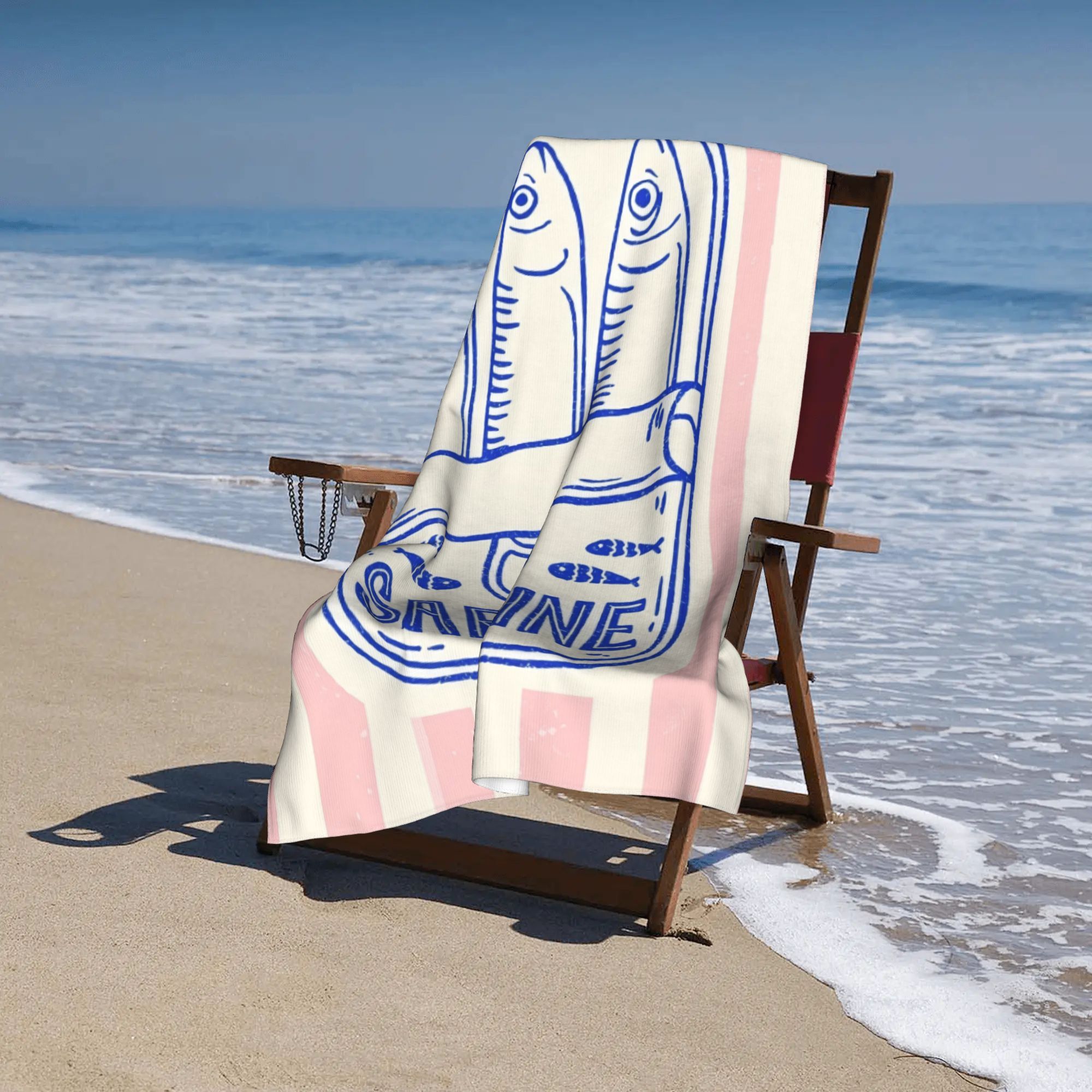 Sardine-Themed Microfiber Beach Towel - Lightweight Quick-Dry with Pink Stripes & Sardine Illustrations,Compact Bath & Beach